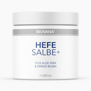 Weiße Dose BIOVANA HEFE SALBE+ mit 200 ml und Aufschrift Plus Aloe Vera und Ginkgo Biloba